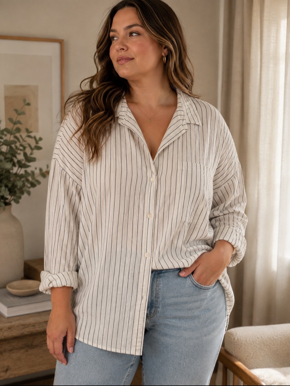 Joe Fresh White Shirt with Black Pinstripes